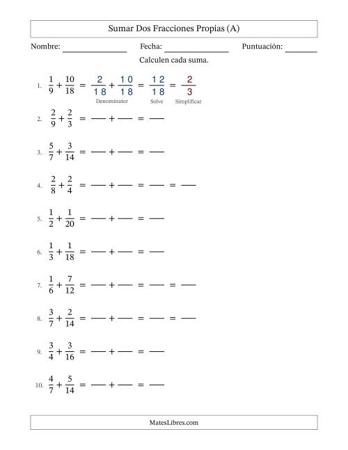 La hoja de ejercicios de Sumar dos fracciones propias con denominadores similares, resultados en fracciones propias y con alguna simplificación (Rellenable) (Todas)