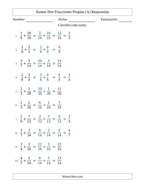 La hoja de ejercicios de Sumar dos fracciones propias con denominadores similares, resultados en fracciones propias y con alguna simplificación (Rellenable) (Todas) Página 2