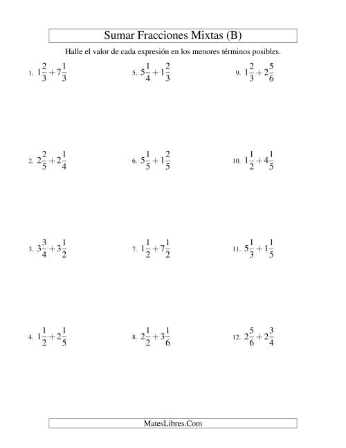 La hoja de ejercicios de Sumar Fracciones Mixtas (Sencillo) (B)