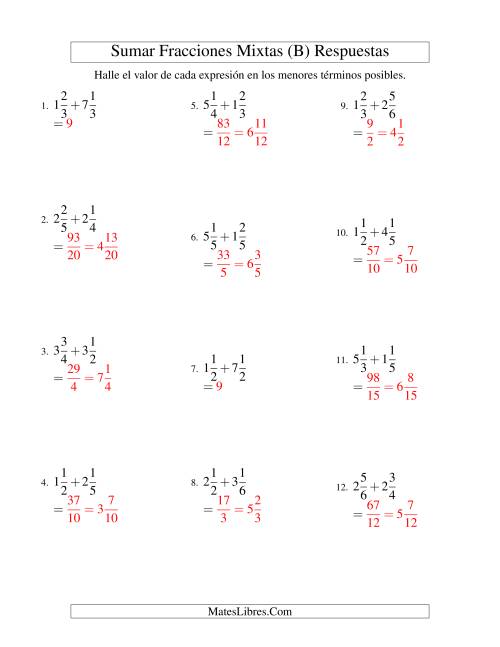 La hoja de ejercicios de Sumar Fracciones Mixtas (Sencillo) (B) Página 2