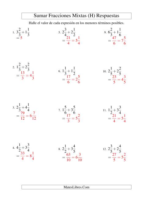 La hoja de ejercicios de Sumar Fracciones Mixtas (Sencillo) (H) Página 2