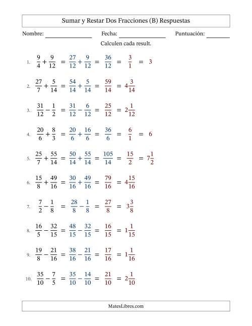La hoja de ejercicios de Sumar y restar fracciones propias e impropias con denominadores similares, resultados en fracciones mixtas y con alguna simplificación (Rellenable) (B) Página 2