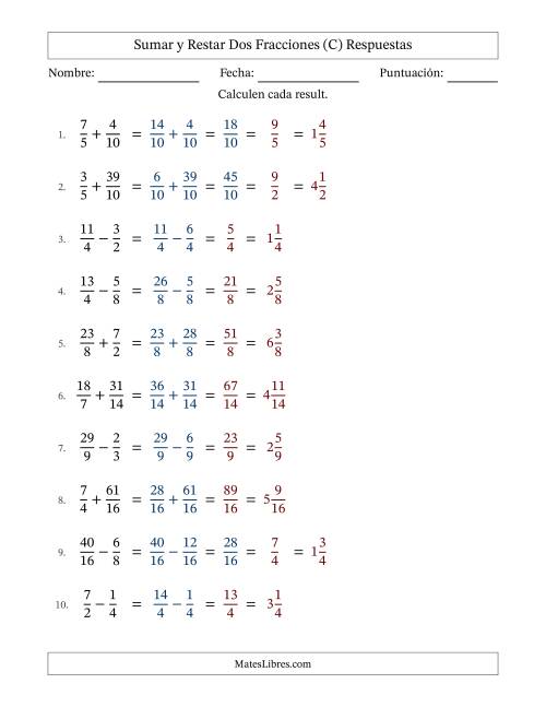 La hoja de ejercicios de Sumar y restar fracciones propias e impropias con denominadores similares, resultados en fracciones mixtas y con alguna simplificación (Rellenable) (C) Página 2