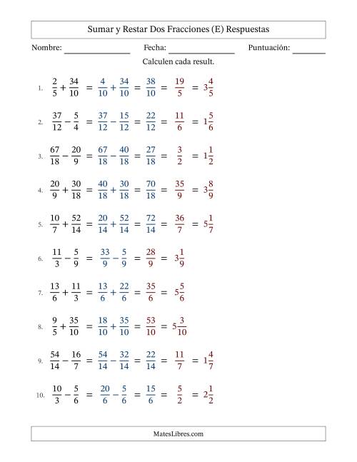 La hoja de ejercicios de Sumar y restar fracciones propias e impropias con denominadores similares, resultados en fracciones mixtas y con alguna simplificación (Rellenable) (E) Página 2