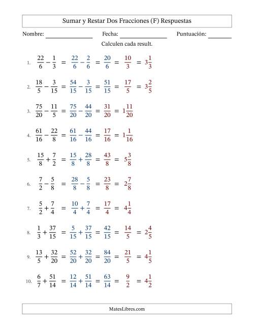 La hoja de ejercicios de Sumar y restar fracciones propias e impropias con denominadores similares, resultados en fracciones mixtas y con alguna simplificación (Rellenable) (F) Página 2