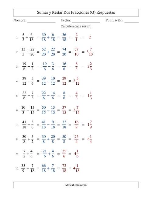 La hoja de ejercicios de Sumar y restar fracciones propias e impropias con denominadores similares, resultados en fracciones mixtas y con alguna simplificación (Rellenable) (G) Página 2
