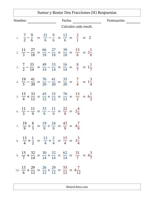 La hoja de ejercicios de Sumar y restar fracciones propias e impropias con denominadores similares, resultados en fracciones mixtas y con alguna simplificación (Rellenable) (H) Página 2