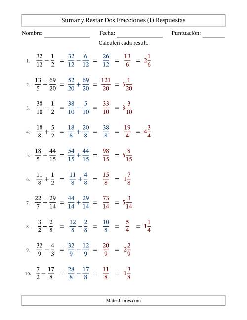 La hoja de ejercicios de Sumar y restar fracciones propias e impropias con denominadores similares, resultados en fracciones mixtas y con alguna simplificación (Rellenable) (I) Página 2