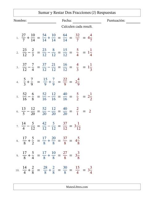 La hoja de ejercicios de Sumar y restar fracciones propias e impropias con denominadores similares, resultados en fracciones mixtas y con alguna simplificación (Rellenable) (J) Página 2