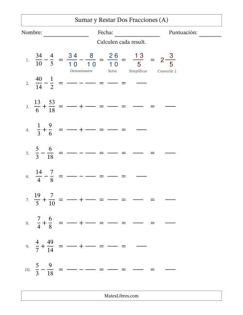 La hoja de ejercicios de Sumar y restar fracciones propias e impropias con denominadores similares, resultados en fracciones mixtas y con alguna simplificación (Rellenable) (Todas)