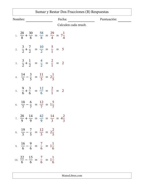 La hoja de ejercicios de Sumar y restar fracciones propias e impropias con denominadores idénticos, resultados en fracciones mixtas y con alguna simplificación (Rellenable) (B) Página 2