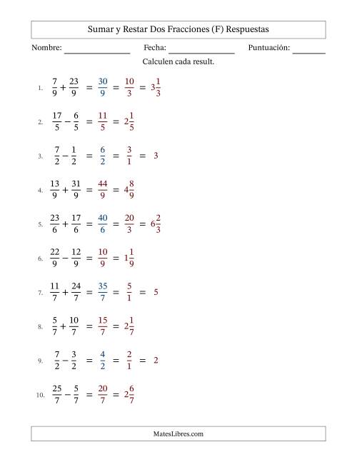 La hoja de ejercicios de Sumar y restar fracciones propias e impropias con denominadores idénticos, resultados en fracciones mixtas y con alguna simplificación (Rellenable) (F) Página 2