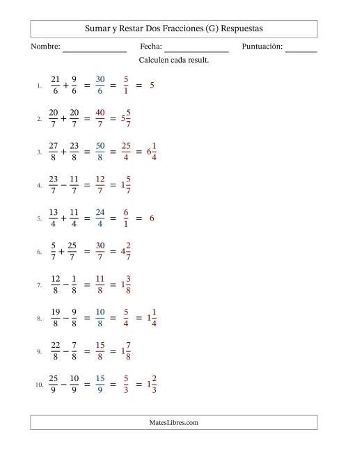 La hoja de ejercicios de Sumar y restar fracciones propias e impropias con denominadores idénticos, resultados en fracciones mixtas y con alguna simplificación (Rellenable) (G) Página 2
