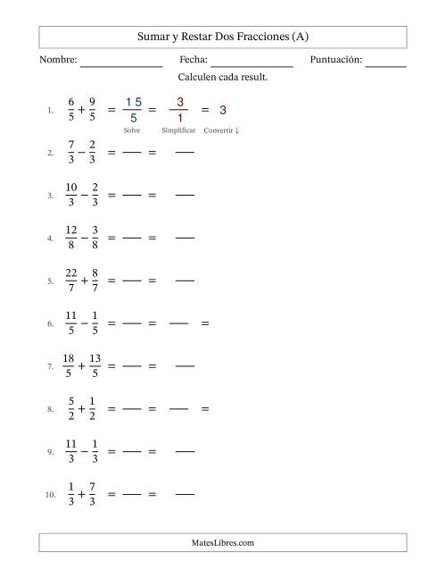 La hoja de ejercicios de Sumar y restar fracciones propias e impropias con denominadores idénticos, resultados en fracciones mixtas y con alguna simplificación (Rellenable) (Todas)