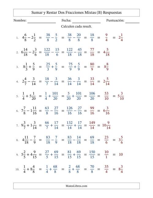 La hoja de ejercicios de Sumar y restar dos fracciones mixtas con denominadores similares, resultados en fracciones mixtas y con alguna simplificación (Rellenable) (B) Página 2