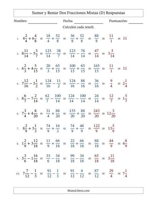 La hoja de ejercicios de Sumar y restar dos fracciones mixtas con denominadores similares, resultados en fracciones mixtas y con alguna simplificación (Rellenable) (D) Página 2