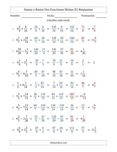 La hoja de ejercicios de Sumar y restar dos fracciones mixtas con denominadores similares, resultados en fracciones mixtas y con alguna simplificación (Rellenable) (E) Página 2
