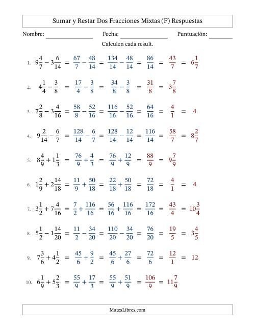 La hoja de ejercicios de Sumar y restar dos fracciones mixtas con denominadores similares, resultados en fracciones mixtas y con alguna simplificación (Rellenable) (F) Página 2