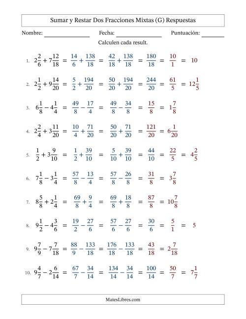 La hoja de ejercicios de Sumar y restar dos fracciones mixtas con denominadores similares, resultados en fracciones mixtas y con alguna simplificación (Rellenable) (G) Página 2