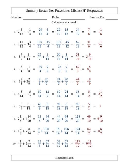 La hoja de ejercicios de Sumar y restar dos fracciones mixtas con denominadores similares, resultados en fracciones mixtas y con alguna simplificación (Rellenable) (H) Página 2