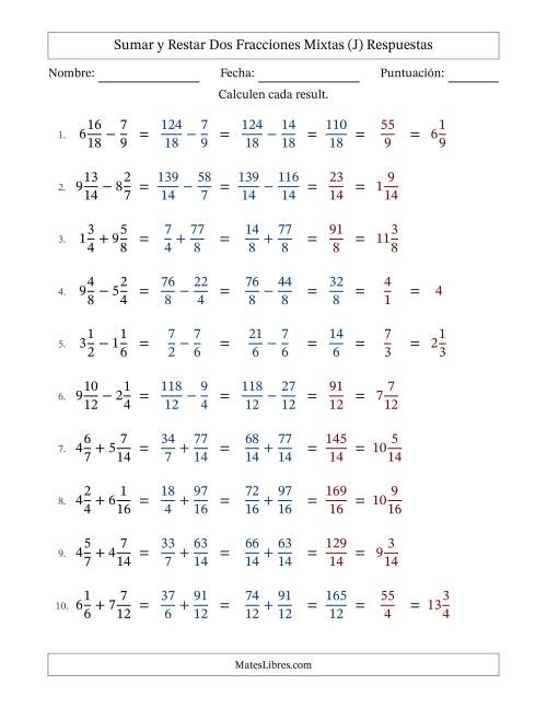 La hoja de ejercicios de Sumar y restar dos fracciones mixtas con denominadores similares, resultados en fracciones mixtas y con alguna simplificación (Rellenable) (J) Página 2