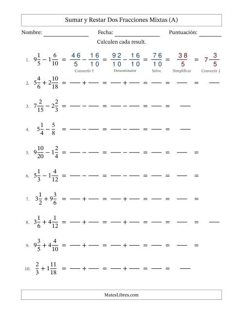 La hoja de ejercicios de Sumar y restar dos fracciones mixtas con denominadores similares, resultados en fracciones mixtas y con alguna simplificación (Rellenable) (Todas)