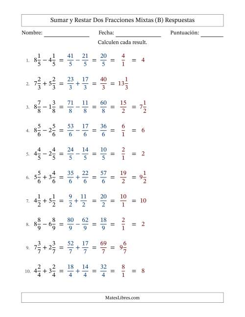La hoja de ejercicios de Sumar y restar dos fracciones mixtas con denominadores idénticos, resultados en fracciones mixtas y con alguna simplificación (Rellenable) (B) Página 2