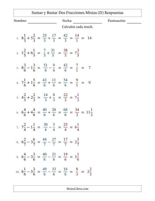 La hoja de ejercicios de Sumar y restar dos fracciones mixtas con denominadores idénticos, resultados en fracciones mixtas y con alguna simplificación (Rellenable) (D) Página 2