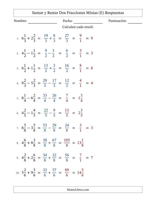 La hoja de ejercicios de Sumar y restar dos fracciones mixtas con denominadores idénticos, resultados en fracciones mixtas y con alguna simplificación (Rellenable) (E) Página 2