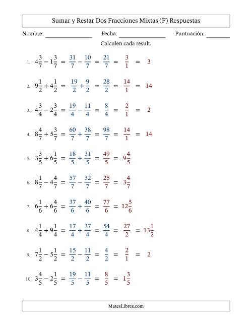 La hoja de ejercicios de Sumar y restar dos fracciones mixtas con denominadores idénticos, resultados en fracciones mixtas y con alguna simplificación (Rellenable) (F) Página 2