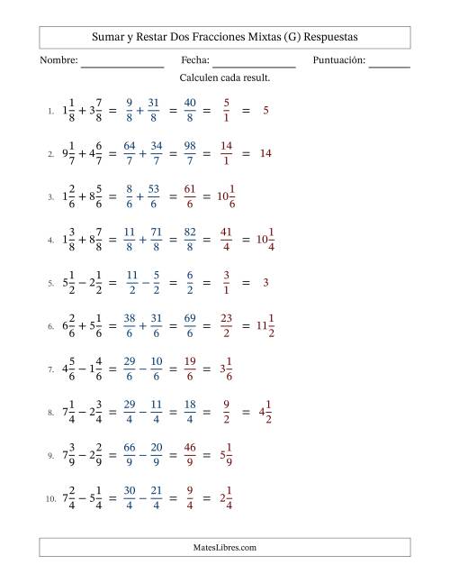 La hoja de ejercicios de Sumar y restar dos fracciones mixtas con denominadores idénticos, resultados en fracciones mixtas y con alguna simplificación (Rellenable) (G) Página 2