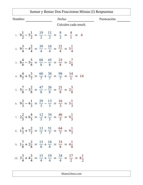 La hoja de ejercicios de Sumar y restar dos fracciones mixtas con denominadores idénticos, resultados en fracciones mixtas y con alguna simplificación (Rellenable) (I) Página 2