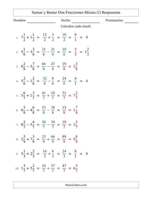 La hoja de ejercicios de Sumar y restar dos fracciones mixtas con denominadores idénticos, resultados en fracciones mixtas y con alguna simplificación (Rellenable) (J) Página 2