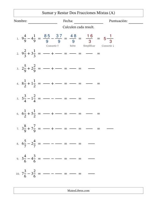 La hoja de ejercicios de Sumar y restar dos fracciones mixtas con denominadores idénticos, resultados en fracciones mixtas y con alguna simplificación (Rellenable) (Todas)
