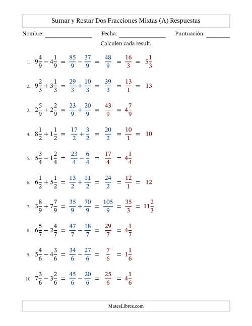 La hoja de ejercicios de Sumar y restar dos fracciones mixtas con denominadores idénticos, resultados en fracciones mixtas y con alguna simplificación (Rellenable) (Todas) Página 2
