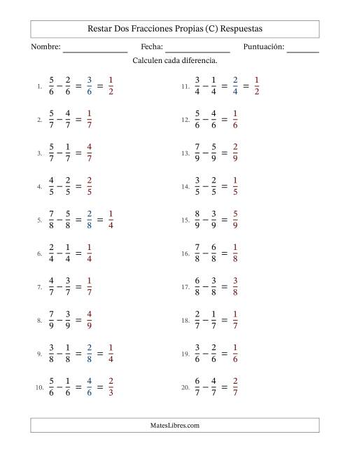 La hoja de ejercicios de Restar dos fracciones propias con denominadores idénticos, resultados en fracciones propias y con alguna simplificación (Rellenable) (C) Página 2