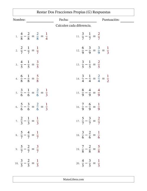 La hoja de ejercicios de Restar dos fracciones propias con denominadores idénticos, resultados en fracciones propias y con alguna simplificación (Rellenable) (G) Página 2