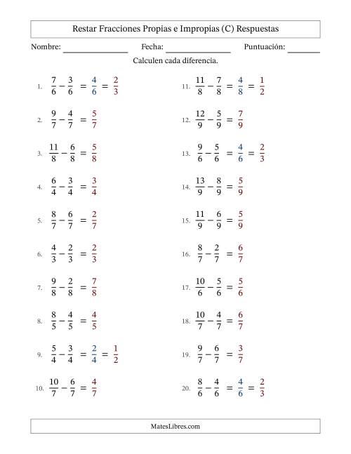 La hoja de ejercicios de Restar fracciones propias e impropias con denominadores idénticos, resultados en fracciones propias y con alguna simplificación (Rellenable) (C) Página 2