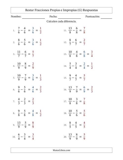 La hoja de ejercicios de Restar fracciones propias e impropias con denominadores idénticos, resultados en fracciones propias y con alguna simplificación (Rellenable) (G) Página 2