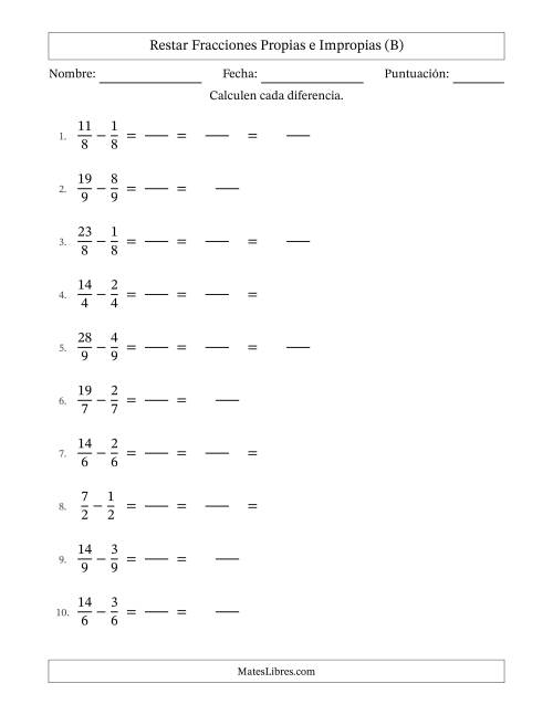La hoja de ejercicios de Restar Fracciones con Denominadores Similares -- Restar Fracciones Impropias con Resultado de Fracciones Mixtas (B)