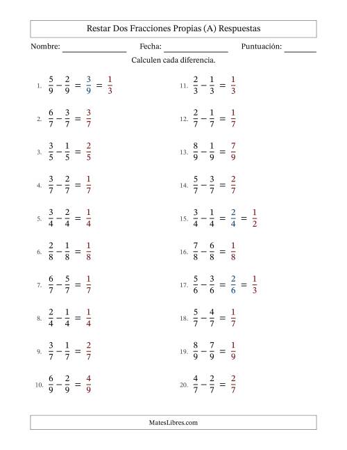 La hoja de ejercicios de Restar dos fracciones propias con denominadores idénticos, resultados en fracciones propias y con alguna simplificación (Rellenable) (Todas) Página 2