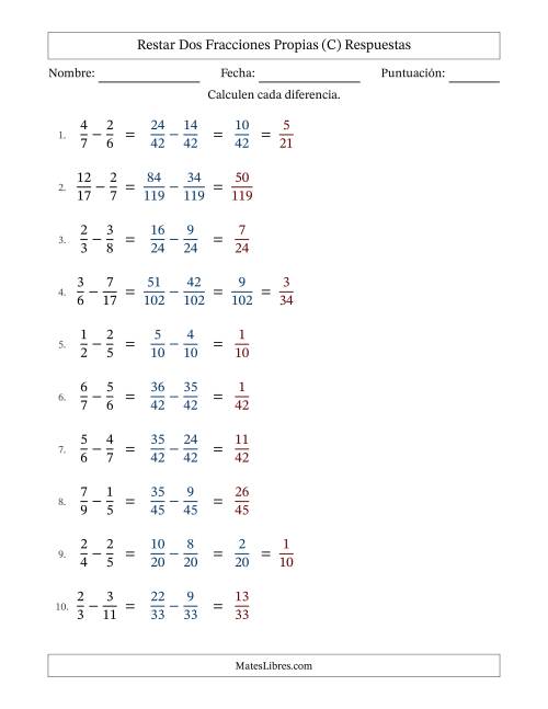 La hoja de ejercicios de Restar dos fracciones propias con denominadores diferentes, resultados en fracciones propias y con alguna simplificación (Rellenable) (C) Página 2