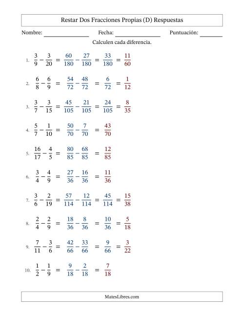 La hoja de ejercicios de Restar dos fracciones propias con denominadores diferentes, resultados en fracciones propias y con alguna simplificación (Rellenable) (D) Página 2