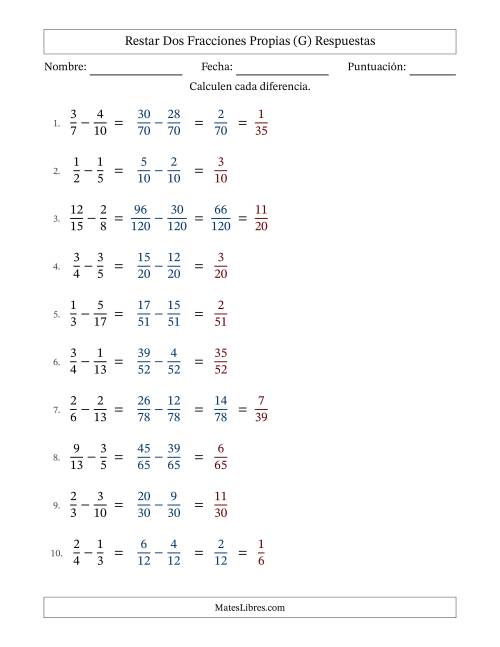 La hoja de ejercicios de Restar dos fracciones propias con denominadores diferentes, resultados en fracciones propias y con alguna simplificación (Rellenable) (G) Página 2