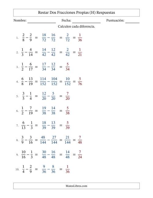 La hoja de ejercicios de Restar dos fracciones propias con denominadores diferentes, resultados en fracciones propias y con alguna simplificación (Rellenable) (H) Página 2