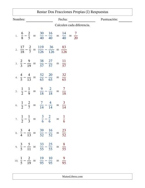 La hoja de ejercicios de Restar dos fracciones propias con denominadores diferentes, resultados en fracciones propias y con alguna simplificación (Rellenable) (I) Página 2