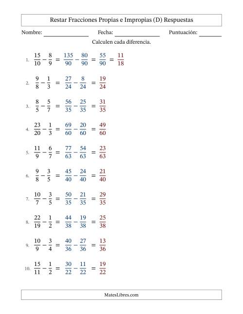 La hoja de ejercicios de Restar fracciones propias e impropias con denominadores diferentes, resultados en fracciones propias y con alguna simplificación (Rellenable) (D) Página 2