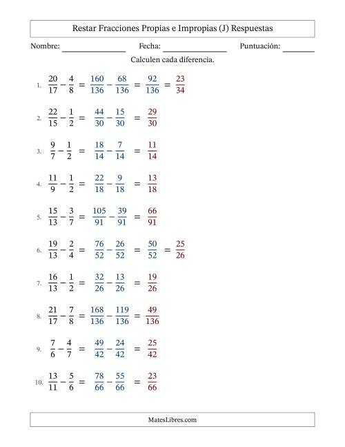 La hoja de ejercicios de Restar fracciones propias e impropias con denominadores diferentes, resultados en fracciones propias y con alguna simplificación (Rellenable) (J) Página 2