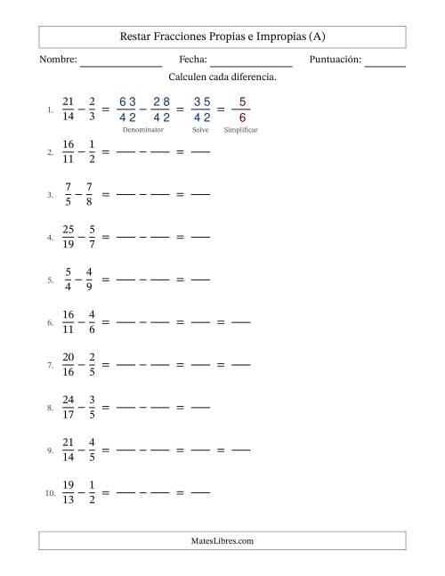 La hoja de ejercicios de Restar fracciones propias e impropias con denominadores diferentes, resultados en fracciones propias y con alguna simplificación (Rellenable) (Todas)