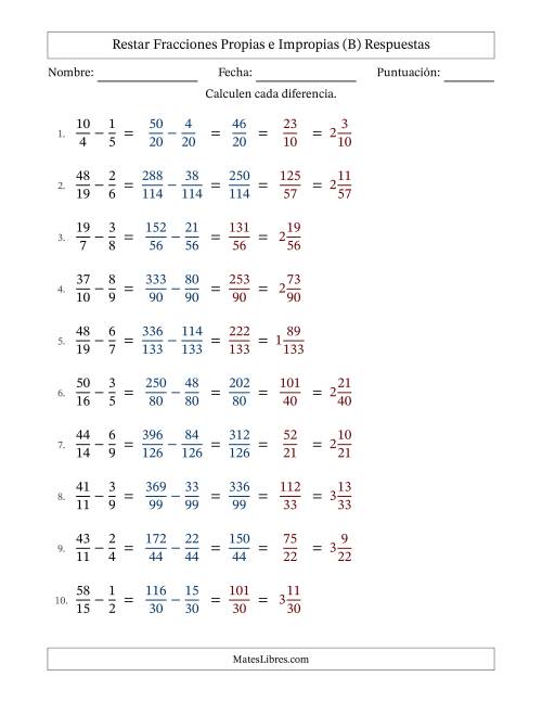 La hoja de ejercicios de Restar fracciones propias e impropias con denominadores diferentes, resultados en fracciones mixtas y con alguna simplificación (Rellenable) (B) Página 2